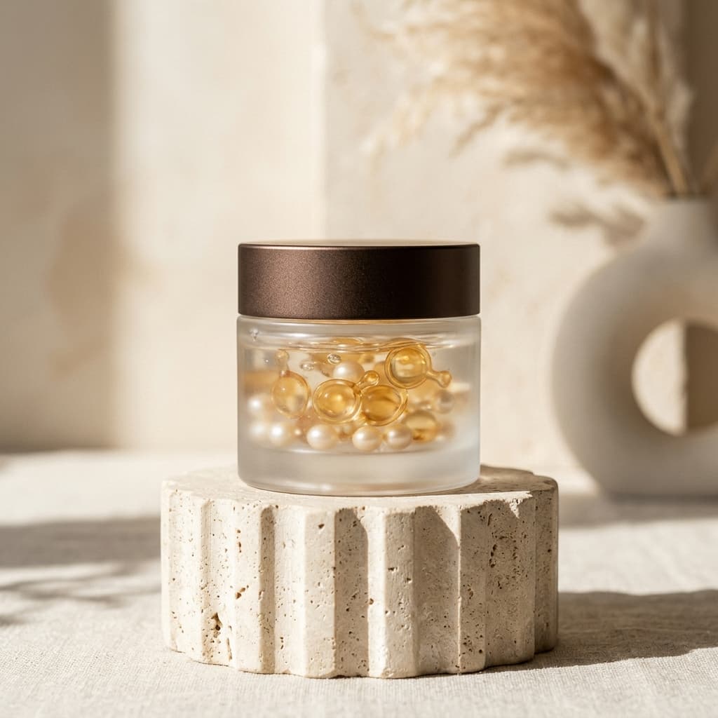 The Ceutic Lab Bi-Phase Capsule Cream in frosted glass vessel on stone plinth