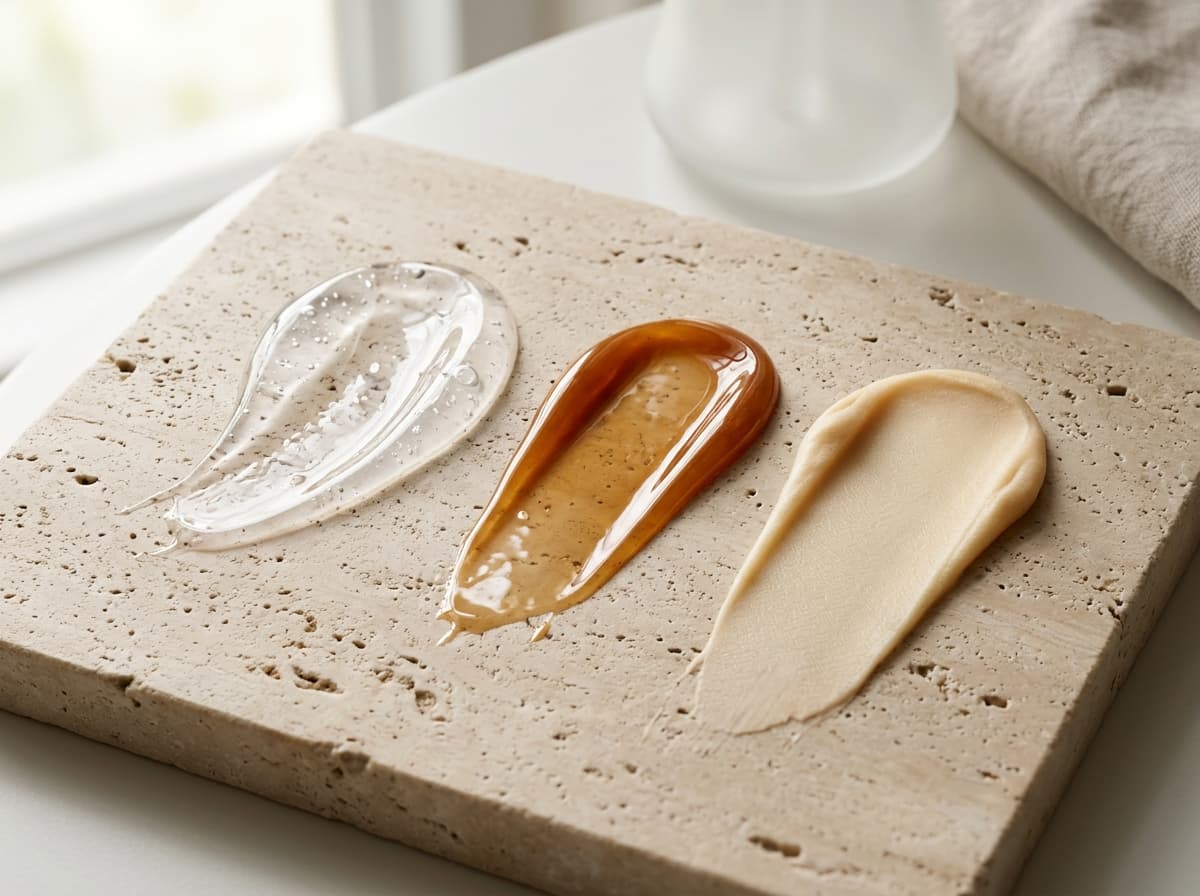 Three cosmetic texture swatches on raw travertine stone: dewy gel essence, amber lip glaze, and velvet solid cream